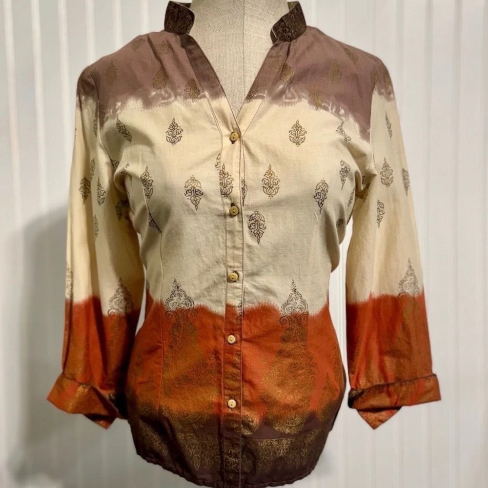 Vintage Y2K Quizz Top Medium Boho Ombre Block Print 70s Hippie Festival Fairy